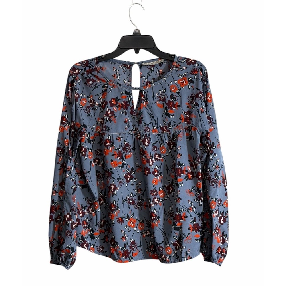 Abercrombie & Fitch Blouse Med Slate Blue Floral Key Hole Peasant Boho